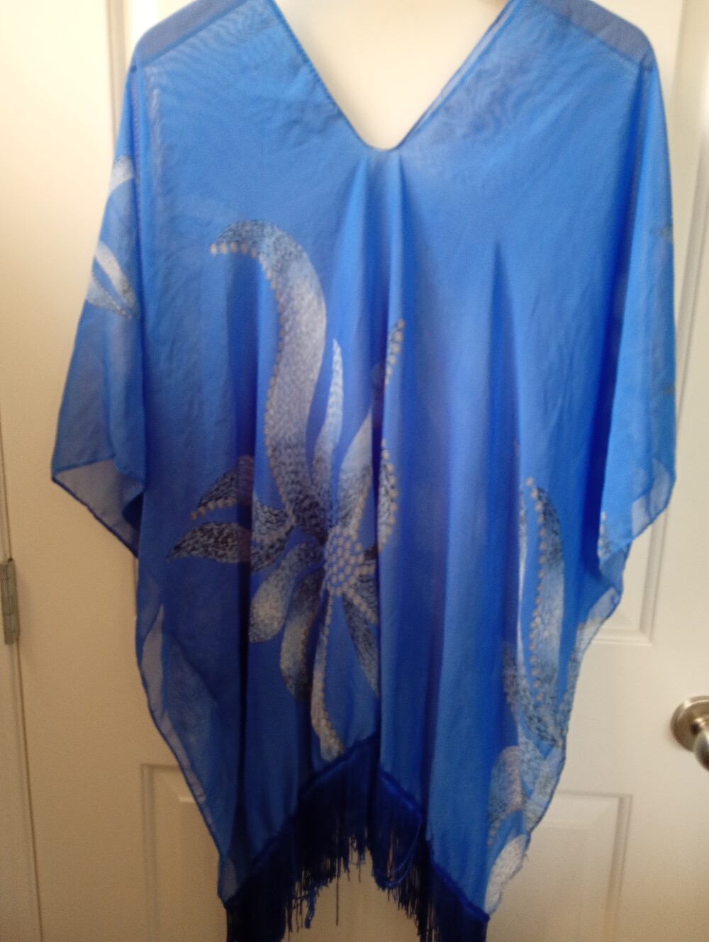 Beachy Vibrant Colbalt Blue Floral Sheer Kaftan Cover-Up - Picture 1 of 7